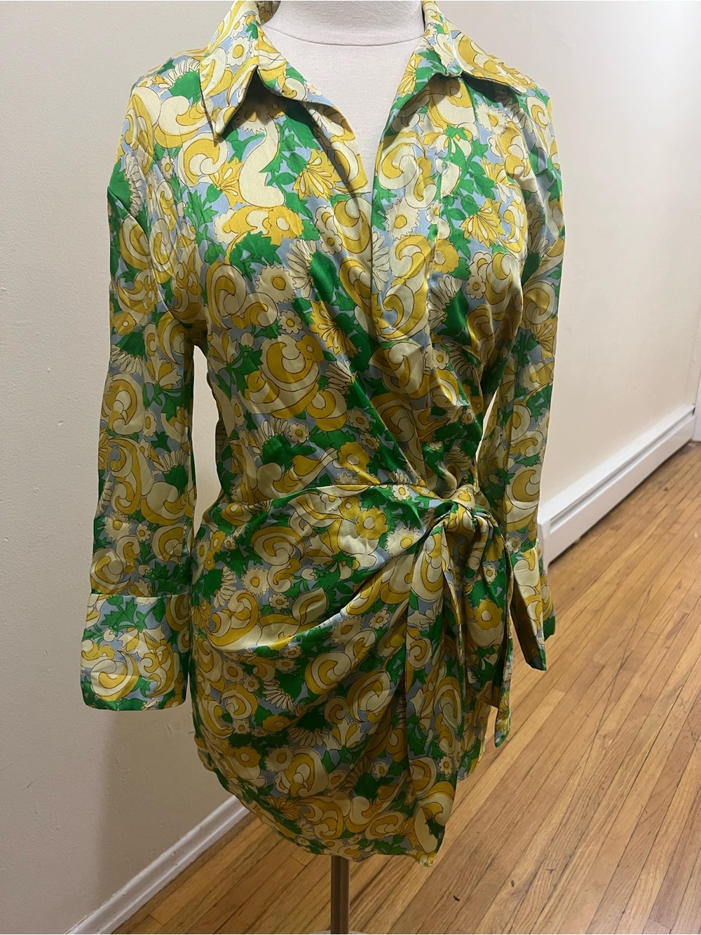 Zara Yellow & Green Floral Wrap Mini Dress